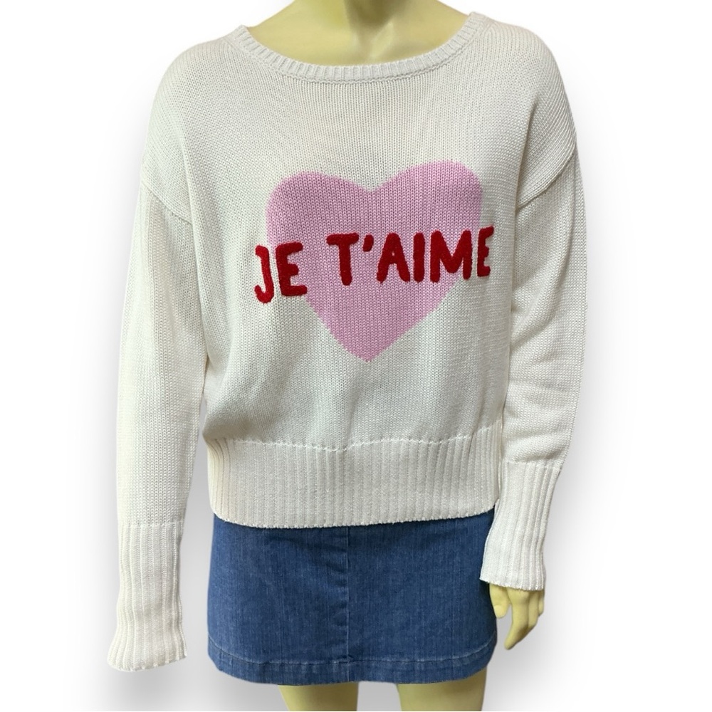 NWT ellsworth + ivey sweater pullover pink heart red words JE T’AIME sz S fits M